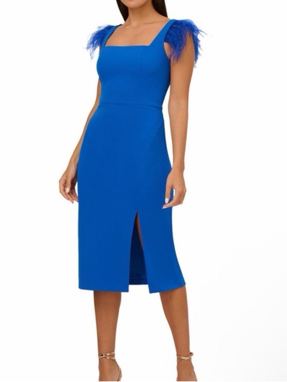 Adrianna Papell Cobalt Blue Feather-Trim Square Neck Midi Dress
